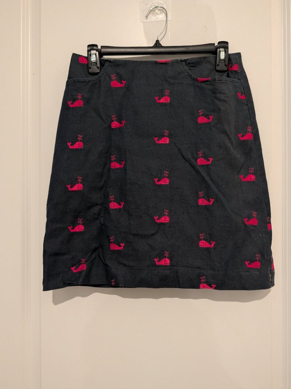 Lilly Pulitzer Embroidered Whale Denim Skirt — Navy/Hot Pink, Size 4 — RARE